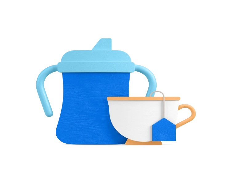 An illustration of a blue children's sippy cup with a tea cup positioned in front of it. A tea bag with a blue tag hangs from the tea cup.
