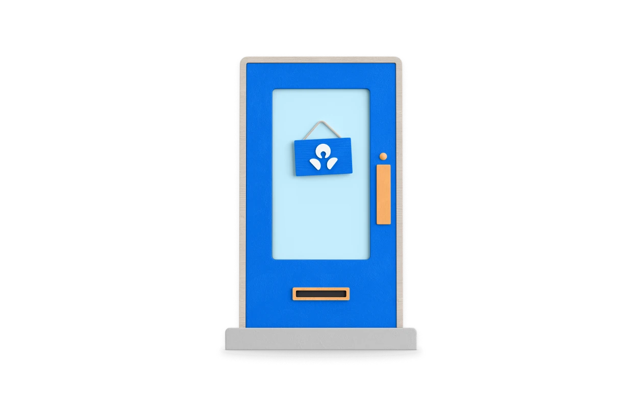 An illustration of a blue door with a ANZ logo as the open sign