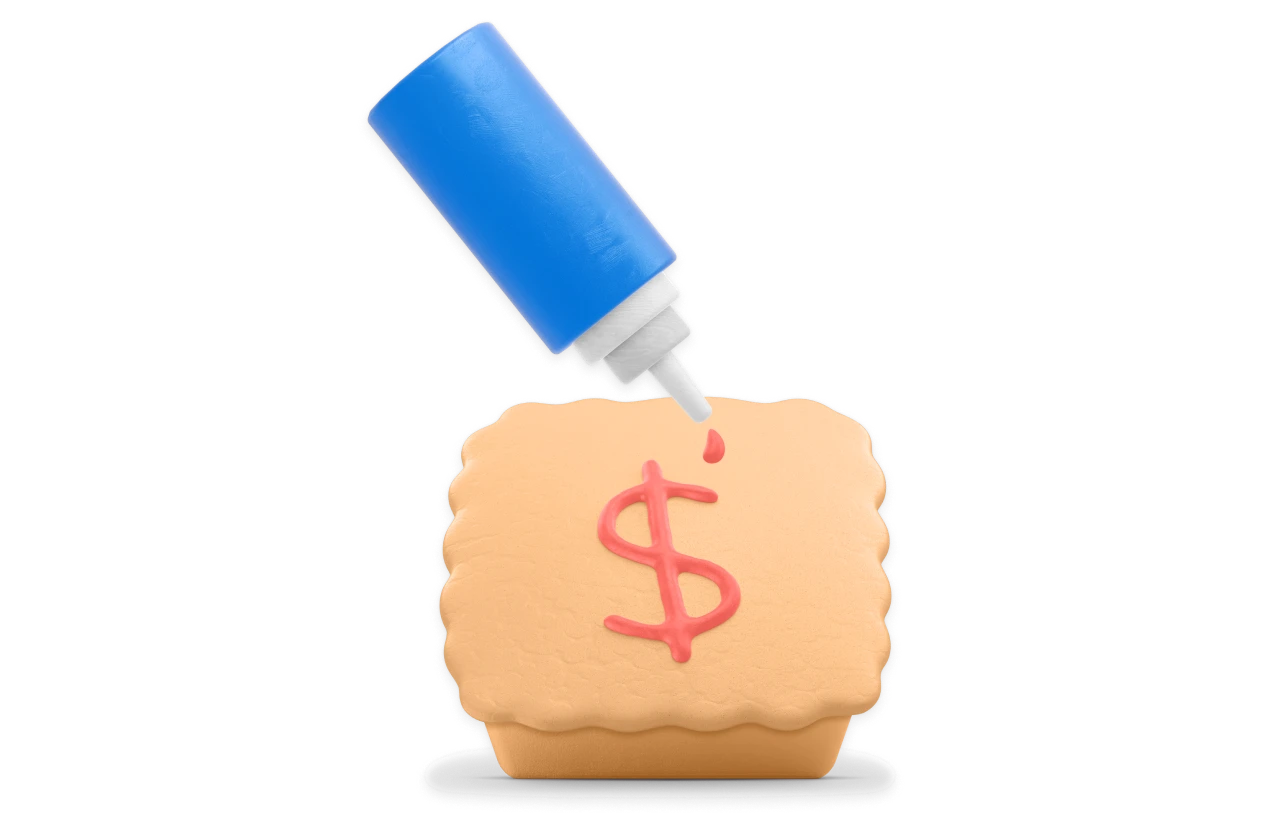 An illustration of a pie with a dollar sign drawn with sauce on top by a sauce bottle floating above it