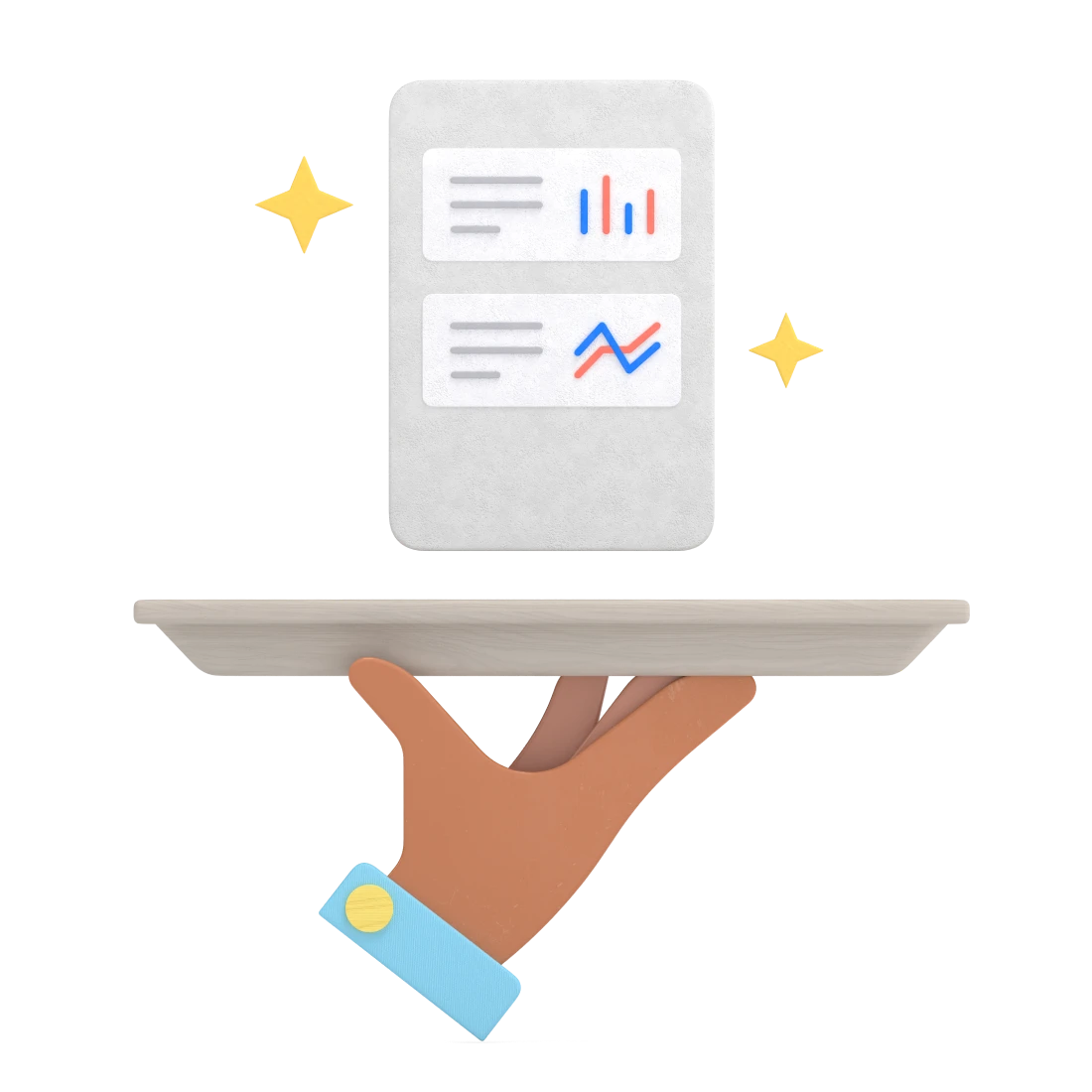 An illustration of a hand holding a platter with a web dashboard on it