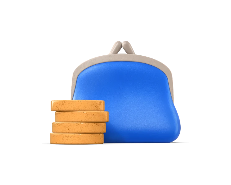 An illustration of a coin pouch with four coins sitting next to it