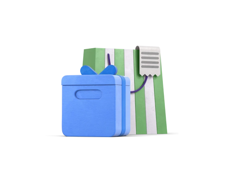 An illustration of a present with a shopping bag behind it