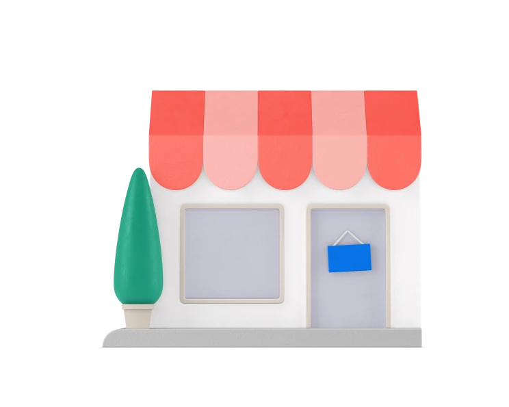 An illustration of a small white storefront with a red and pink striped awning. 
	It has a square window on the left, a door with a blue hanging sign on the right, 
	and a green cypress-style tree on the left side. The building sits on a light gray base