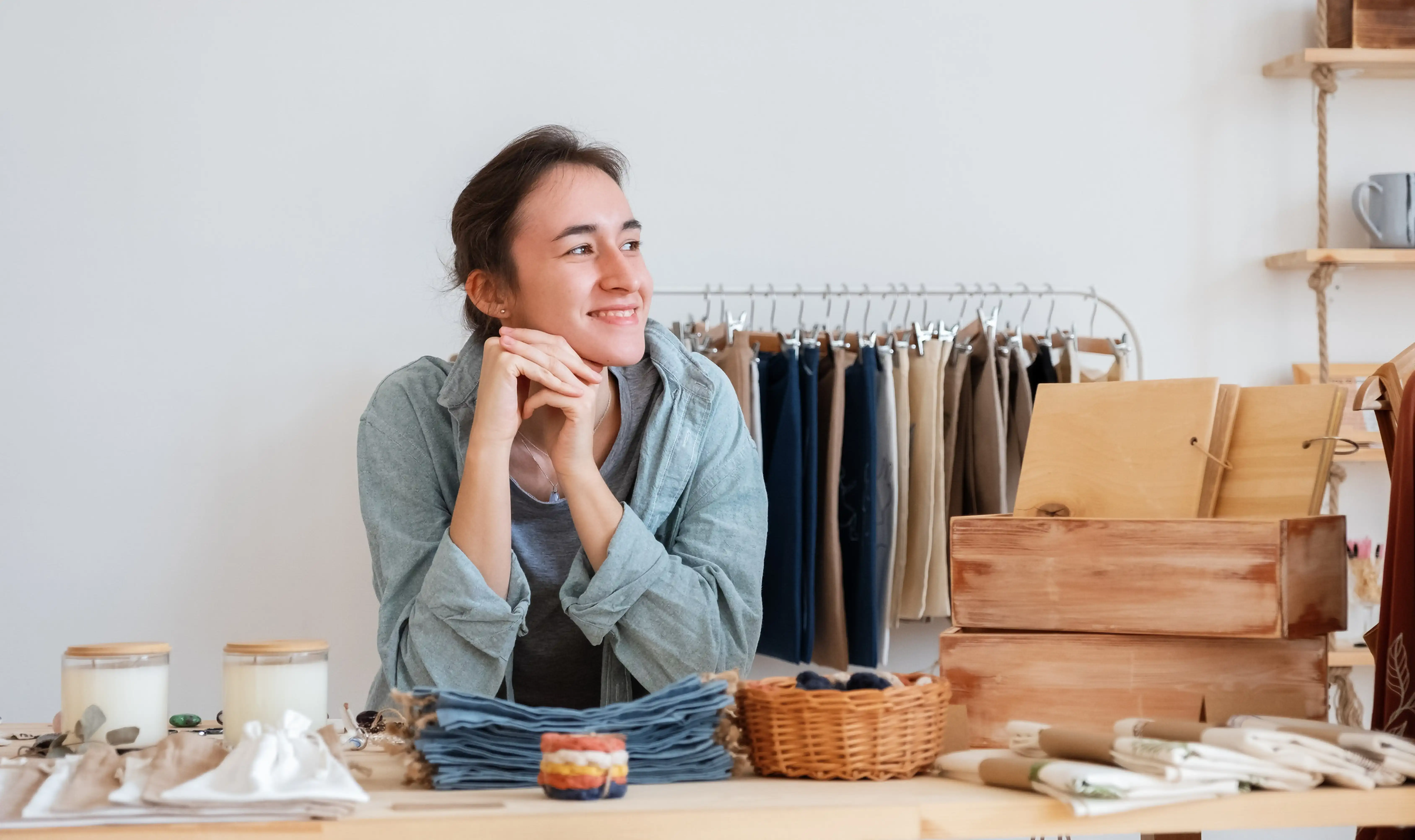 A content business owner looks across her desk